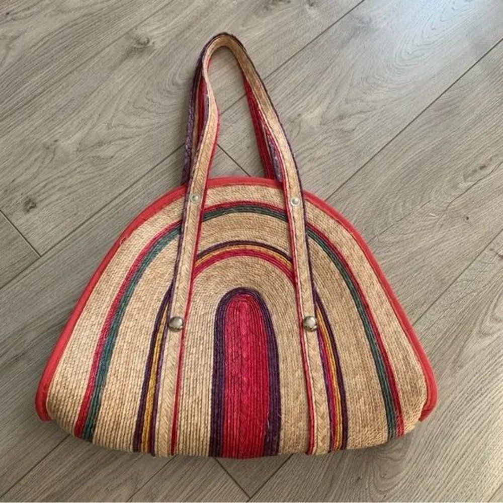 Boho hand woven half circle straw bright color handbag